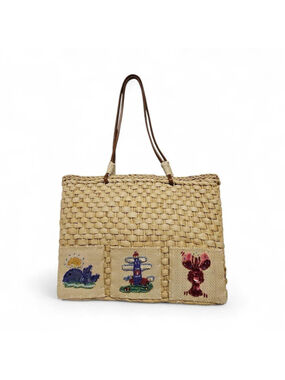 Beige Woven Corn Husk Straw Tote Bag Leather Straps Sequin Beaded